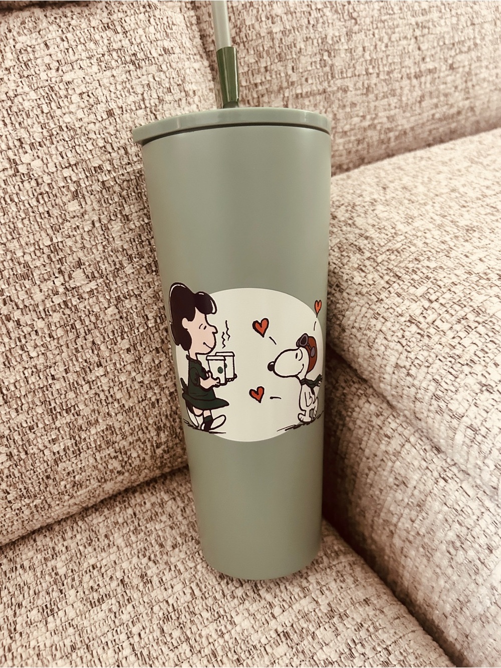 NWT Starbucks Peanuts Olive Green Travel Tumbler with Straw